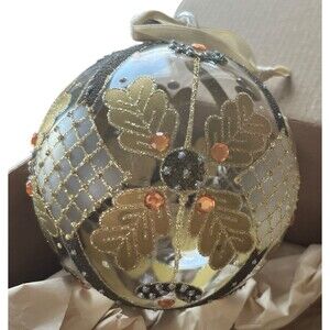 Vintage Pottery Barn Glass Ornament Bulb Snowflake Leaf Jeweled Christmas 4"